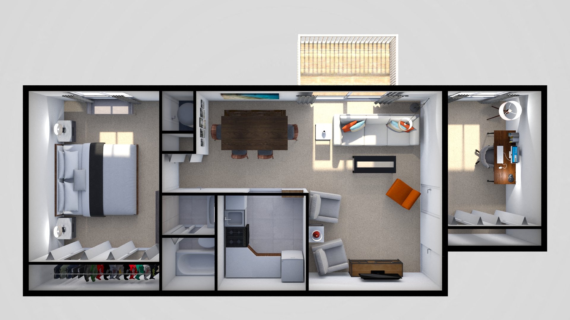 Floor plan for 1 bed, 1 bath, 852 sqft